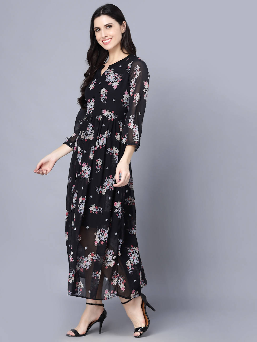 Myshka Black Floral Keyhole Neck Georgette Maxi Dress