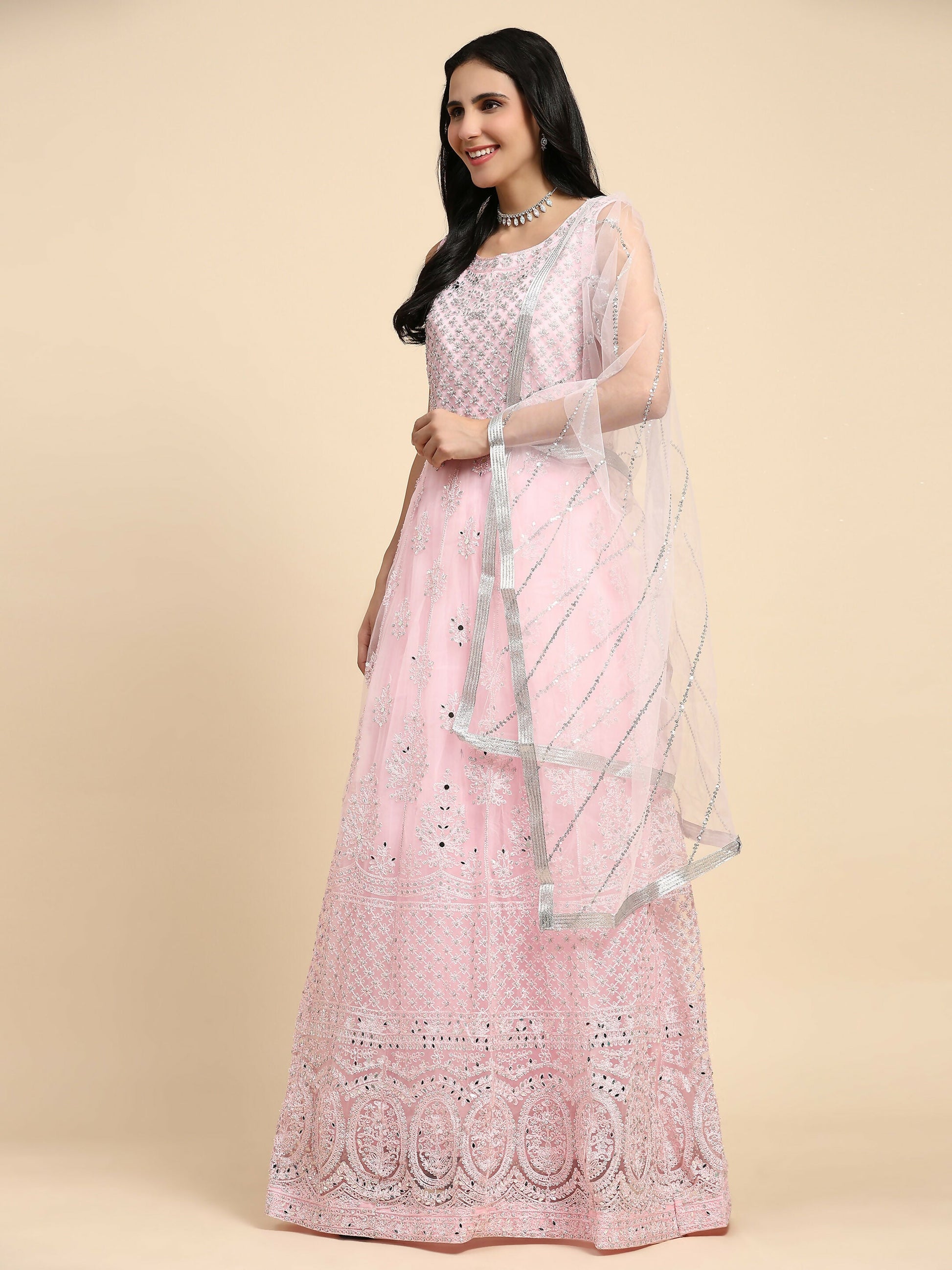 Pink Net Hand Embroidered Gown - Rudrani