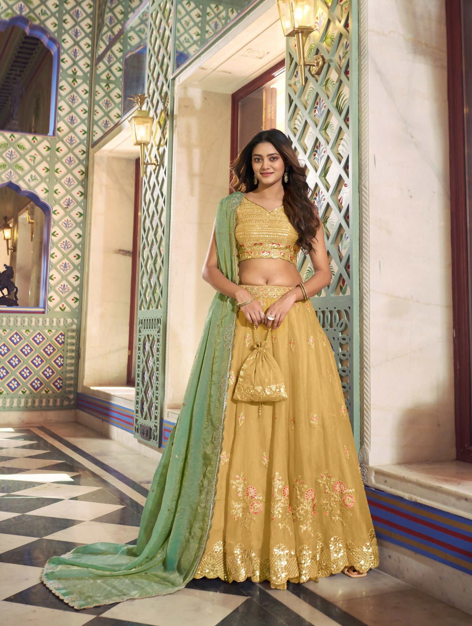Lorenvalley Fashion Yellow NC Moss Silk Sequins and Thread Embroidery Work Lehenga Choli with Dupatta