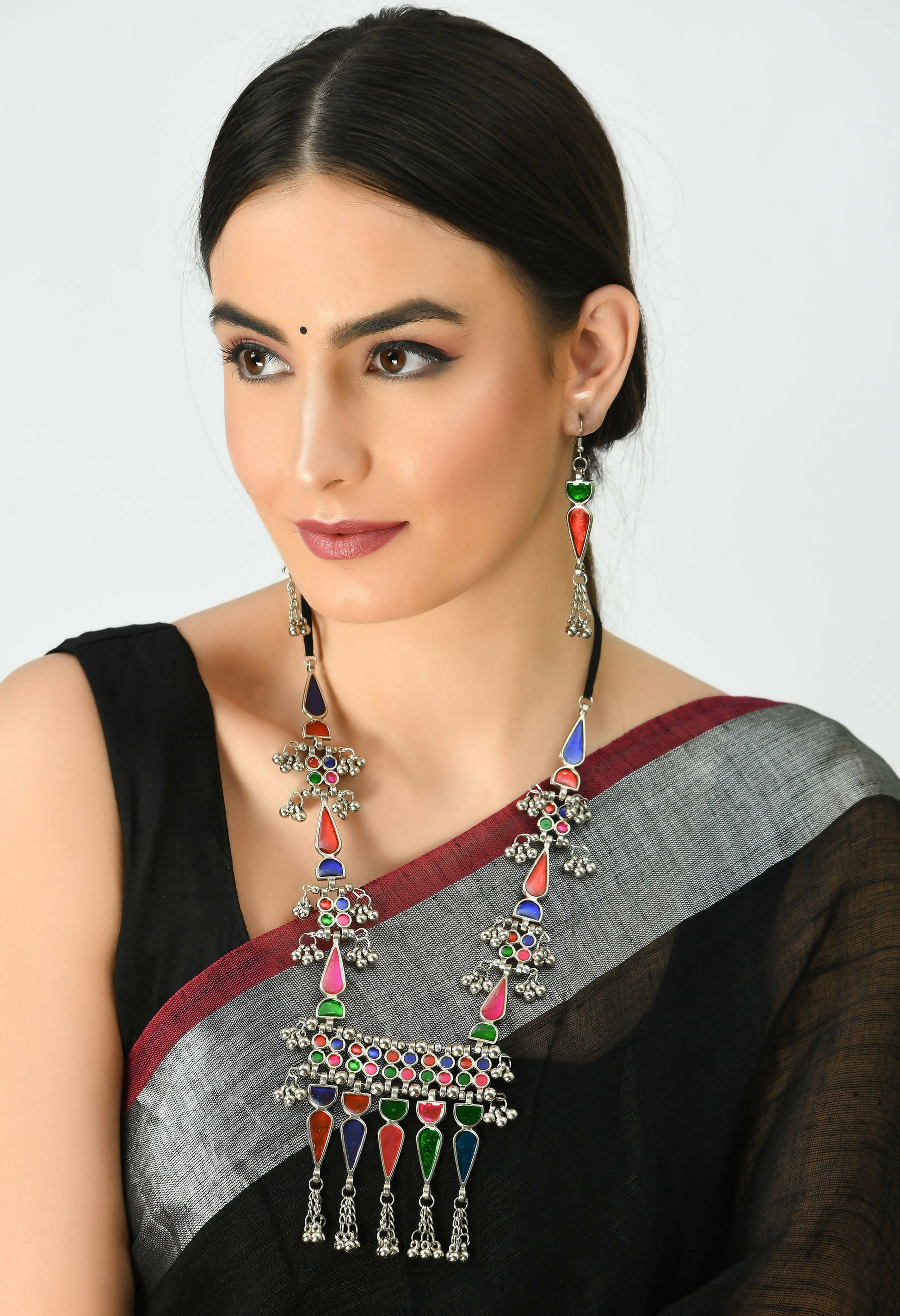 Mominos Fashion Johar Kamal Oxidised Silver-Plated Meenakari Multi Long Necklace Set For Women - Grab2buy