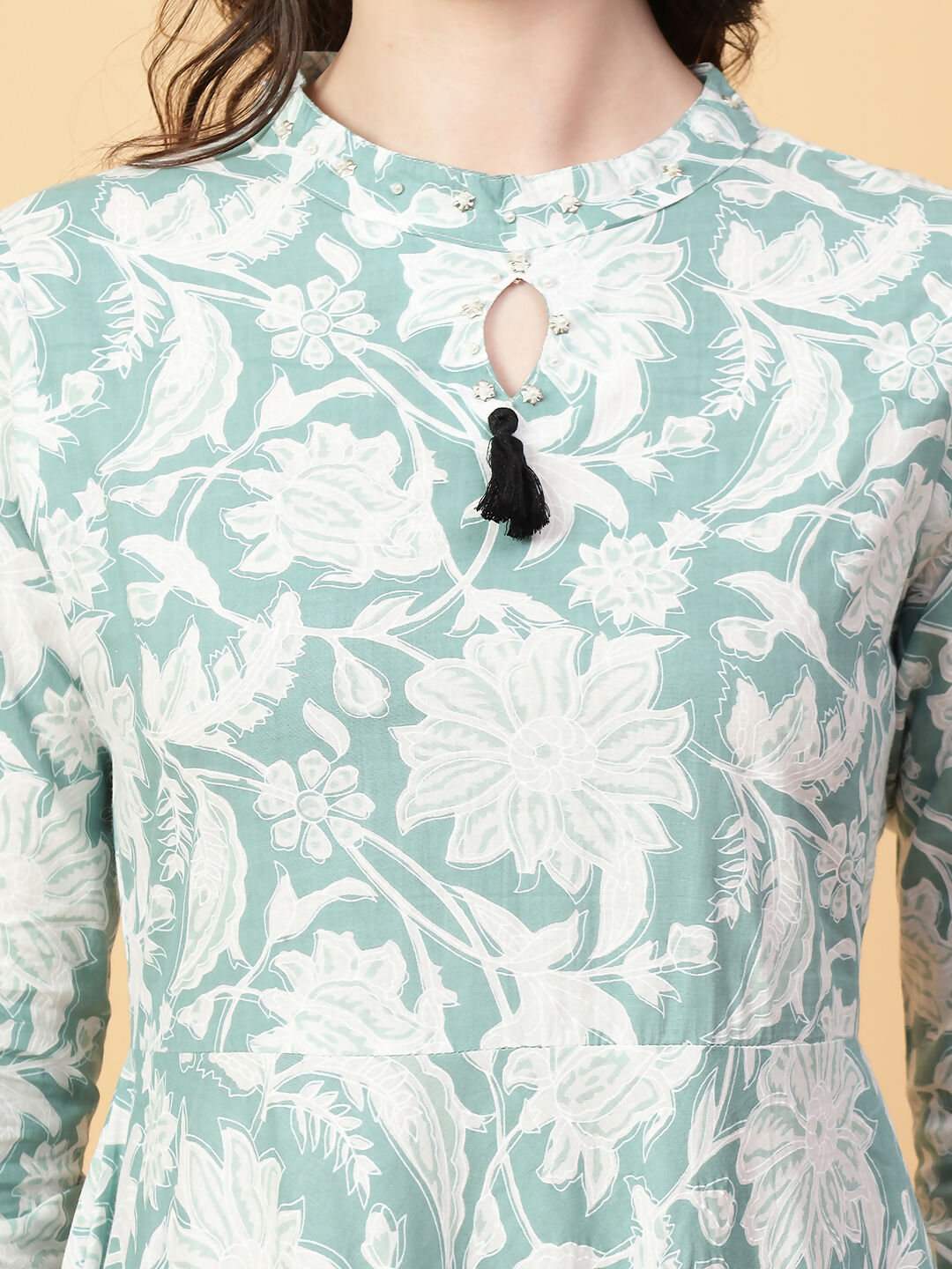 Joban Fashion Green Cotton Printed & Hand Work Dress