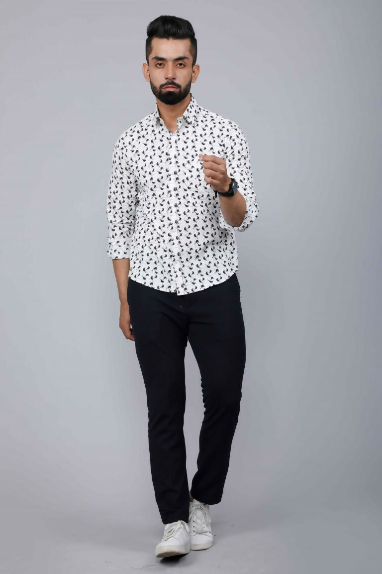 Miravan Men's White Spread Collar Bird Print Casual Shirt 