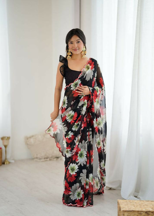PR Fashion Black Georgette Printed With Mirror Work Saree