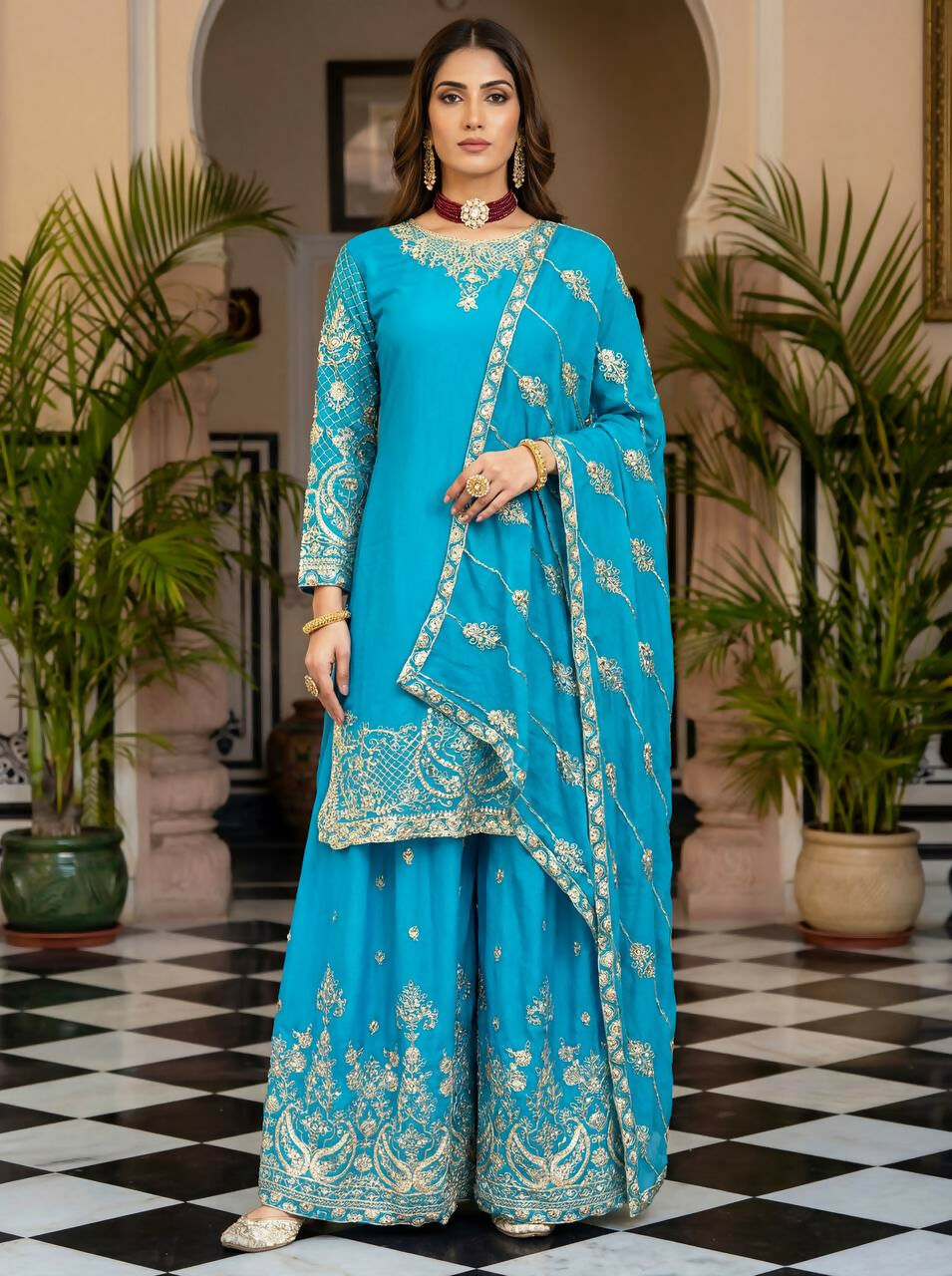 Joban Fashion Sky Silk Embroidered Sharara Set