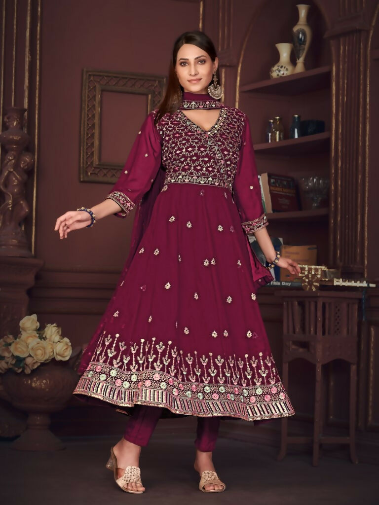 Jyoti Fashion Women's Rani Pink Georgette Embroidered Anarkali Kurta Pant Set With Dupatta