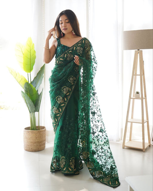 Teeya Creation Green Color Butterfly Net Heavy Zari Work Ston And Mirror Work Saree