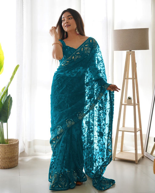 Teeya Creation Sky Color Butterfly Net Heavy Zari Work Ston And Mirror Work Saree
