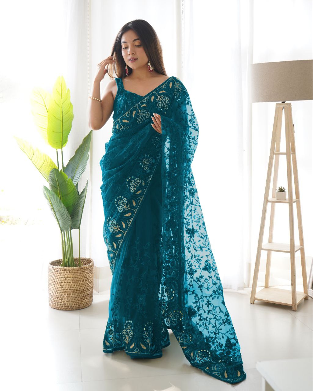 Teeya Creation Sky Color Butterfly Net Heavy Zari Work Ston And Mirror Work Saree