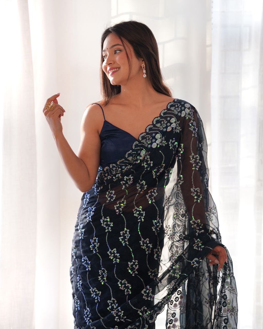 Teeya Creation Navy Blue Color Simar Blooming Emrblodiery Sequence Work Saree