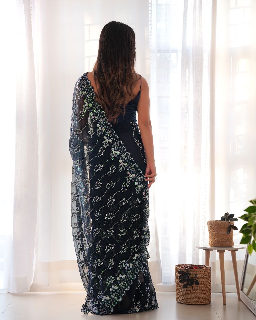 Teeya Creation Navy Blue Color Simar Blooming Emrblodiery Sequence Work Saree