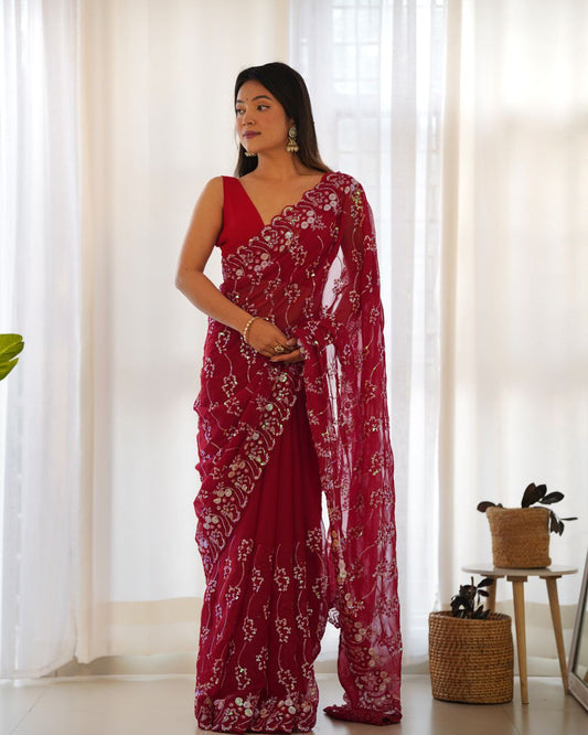 Teeya Creation Red Color Simar Blooming Emrblodiery Sequence Work Saree