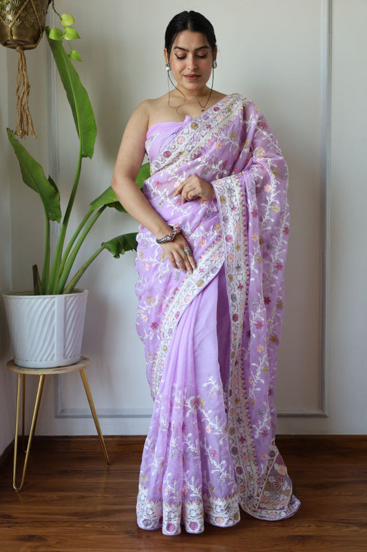 Teeya Creation Lavender Color Butterfly Net Heavy Embroidery Work Saree