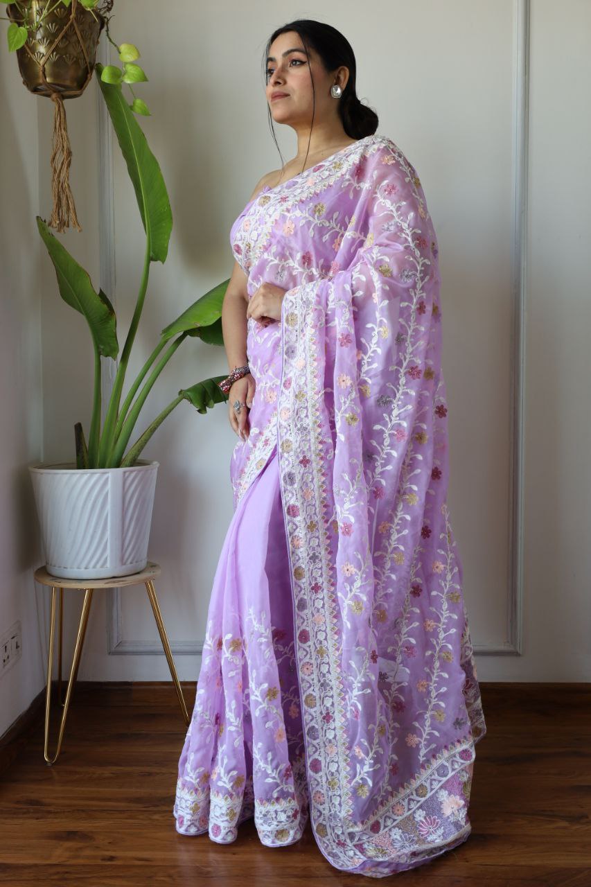 Teeya Creation Lavender Color Butterfly Net Heavy Embroidery Work Saree