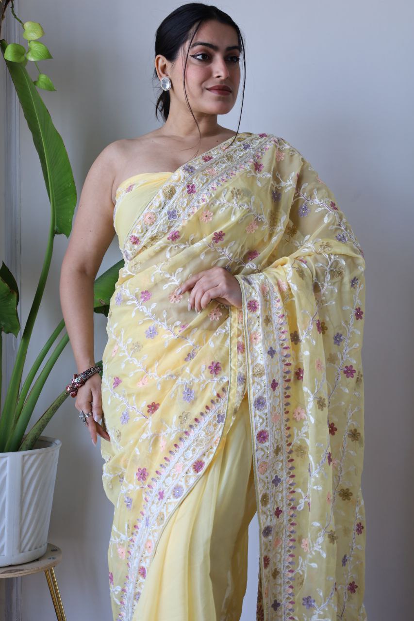 Teeya Creation Lemon Yellow Color Butterfly Net Heavy Embroidery Work Saree