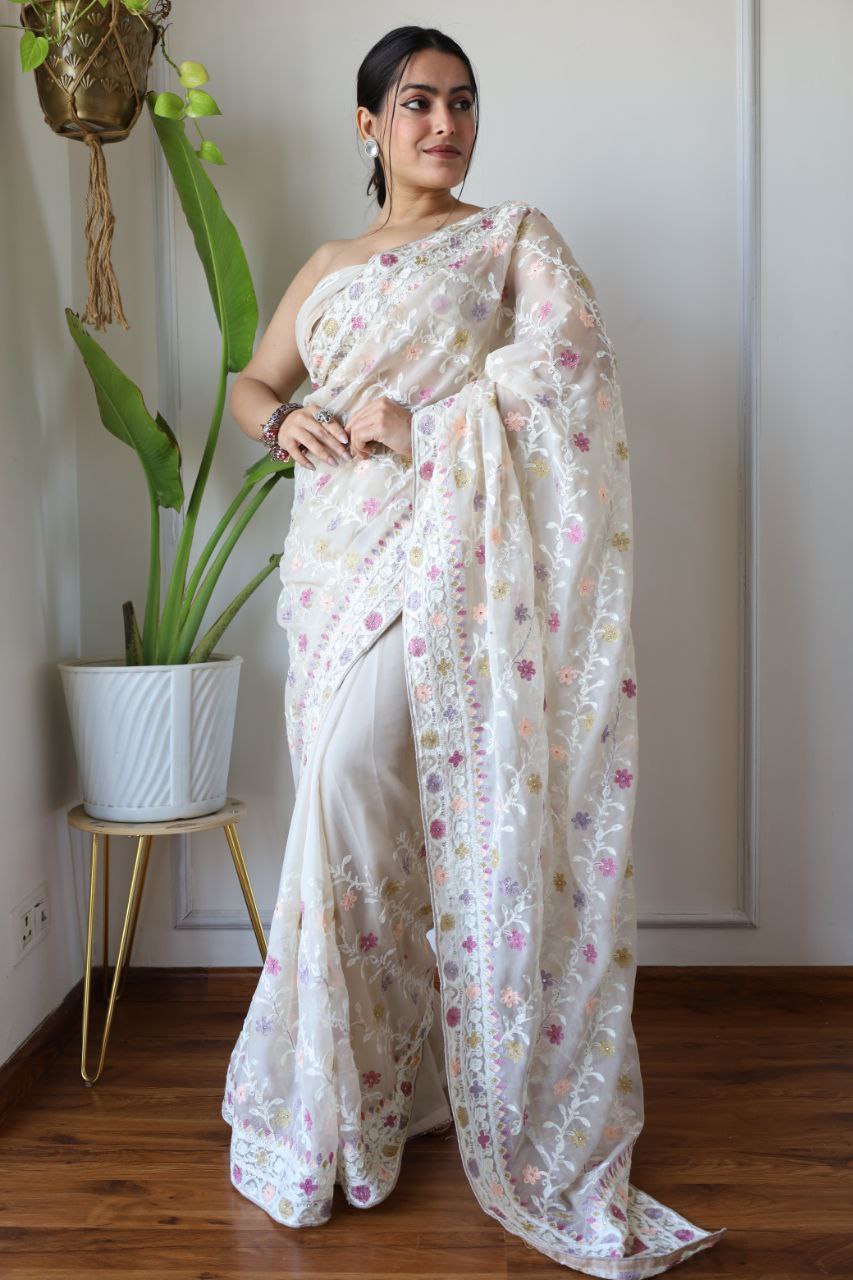 Teeya Creation Off White Color Butterfly Net Heavy Embroidery Work Saree