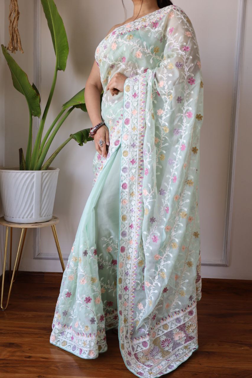 Teeya Creation Sky Color Butterfly Net Heavy Embroidery Work Saree