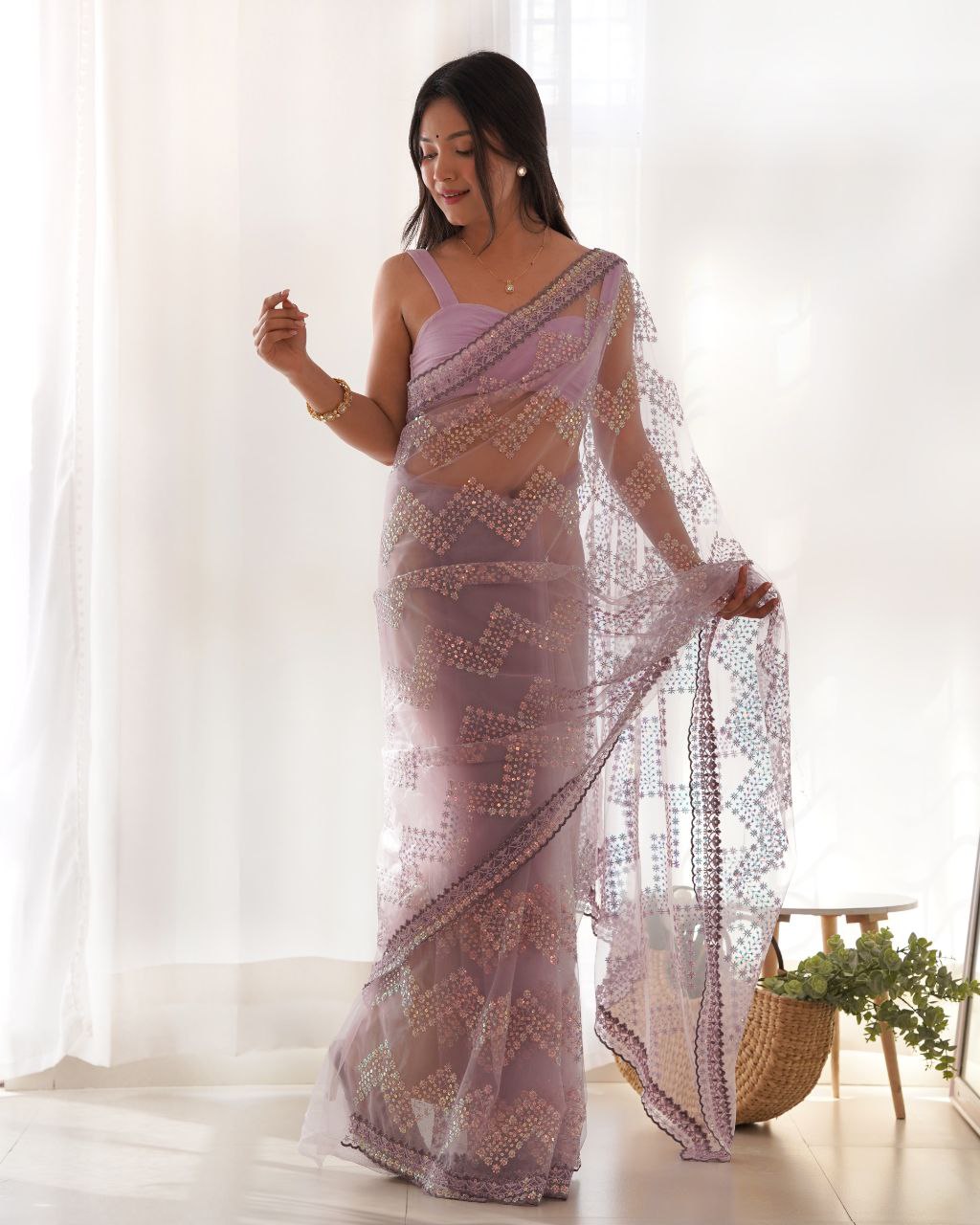 Teeya Creation Light Lavender Color Butterfly Net Heavy Work Saree