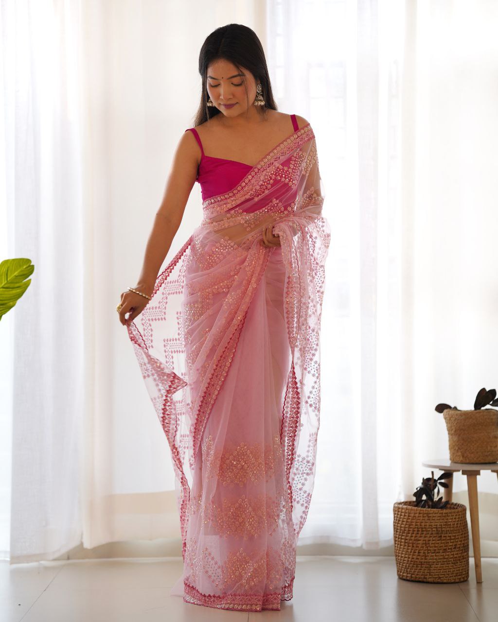Teeya Creation Pink Color Butterfly Net Heavy Work Saree