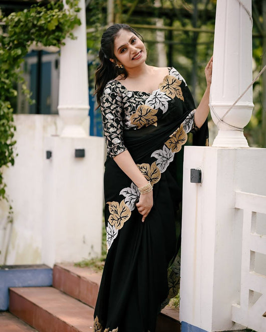 Teeya Creation Black Color Satin Chinon Silk Embroidery Work Saree