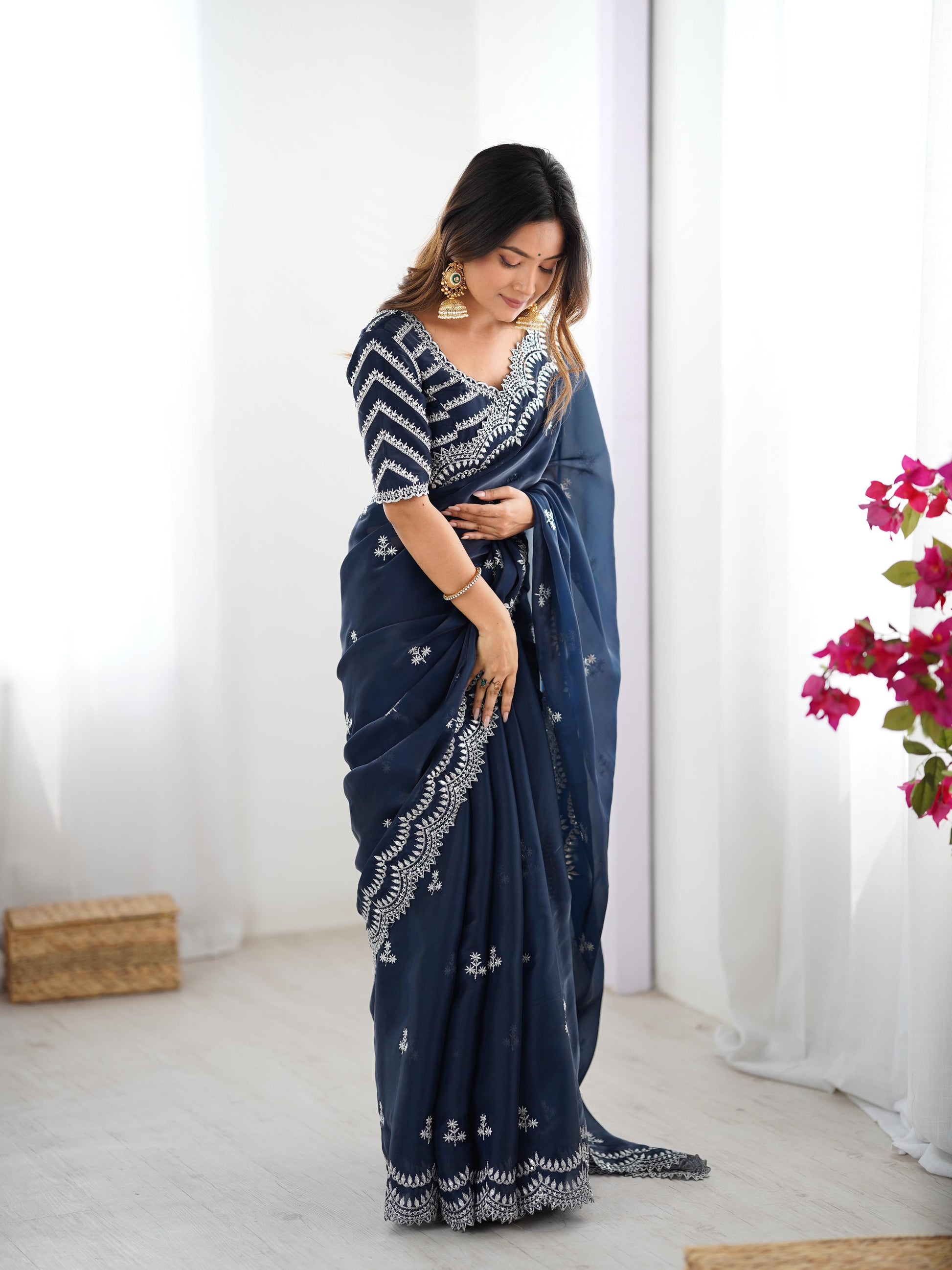 Teeya Creation Navy Blue Color Jimichhu Silk Embroidery Work Saree