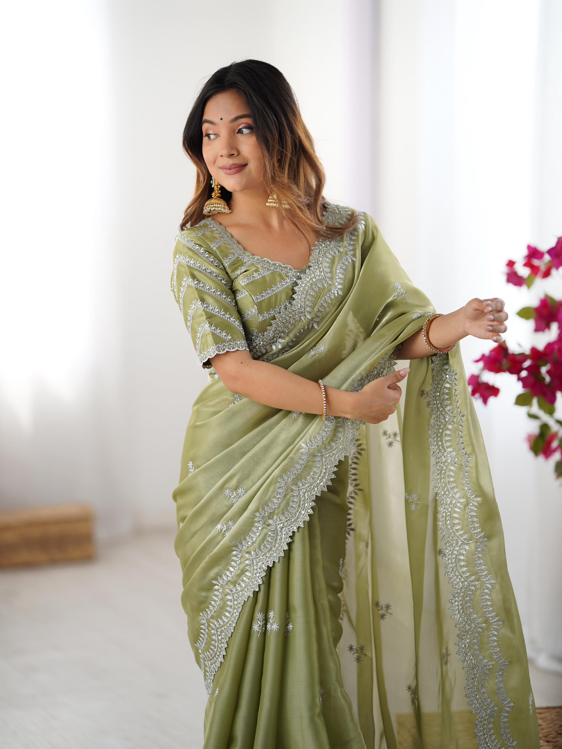 Teeya Creation Pista Color Jimichhu Silk Embroidery Work Saree