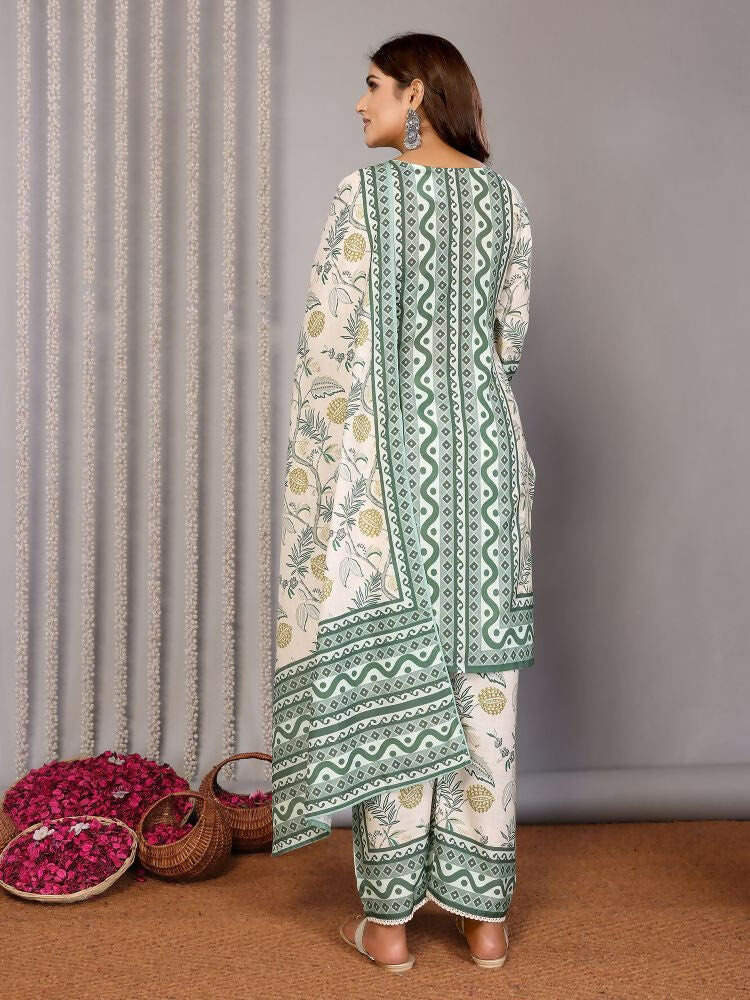 Joban Fashion Women Off White & Forest Green Linen Printed Stitched Kurta Set