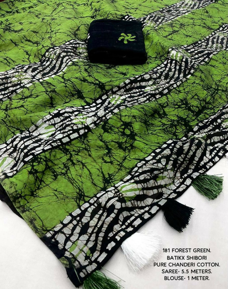 Arfa Fashion House Green Combination Pure Chanderi Cotton Batik Printed Saree