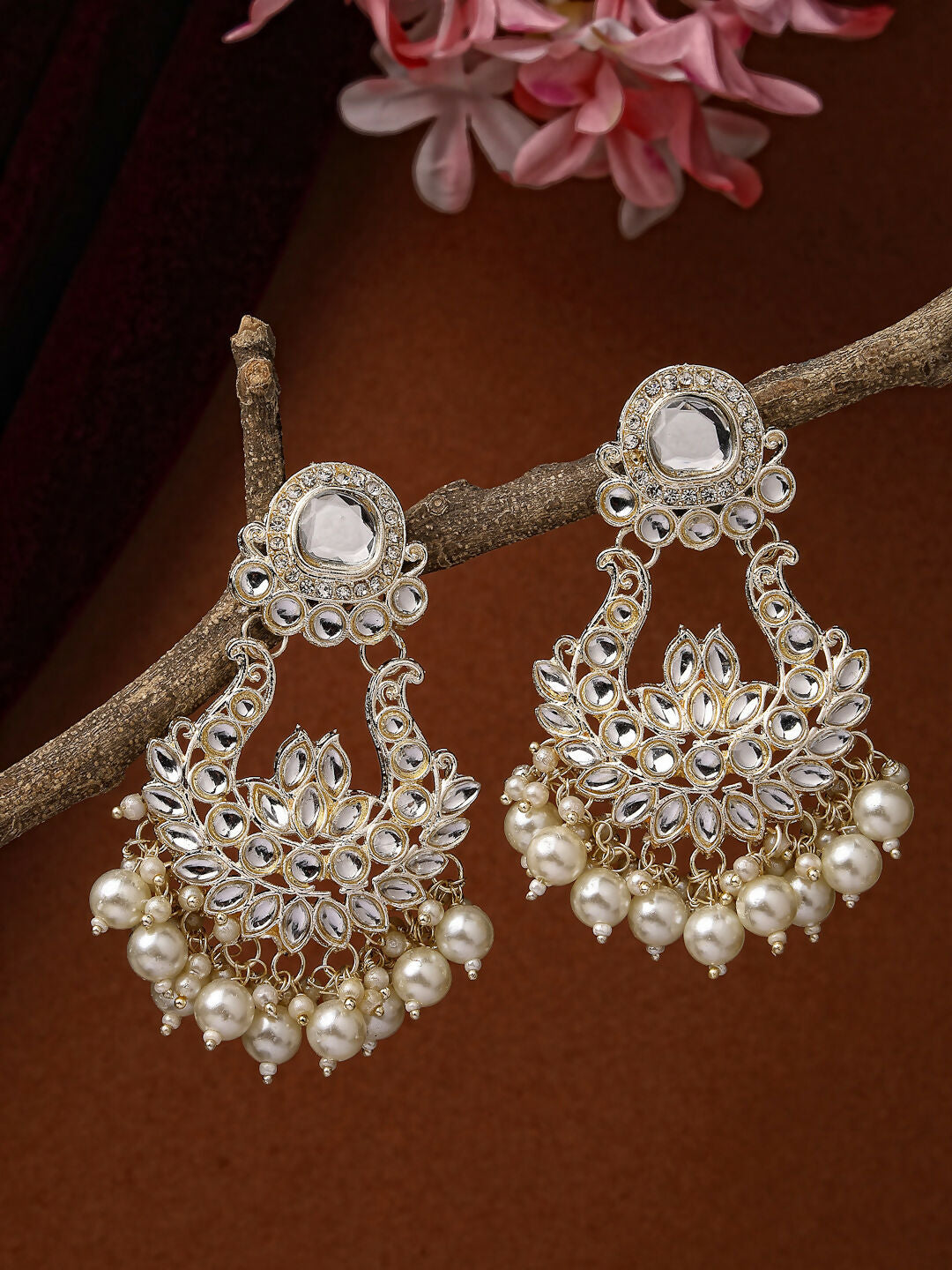 NVR Women Gold-Polished Kundan Chandbali Earrings 
