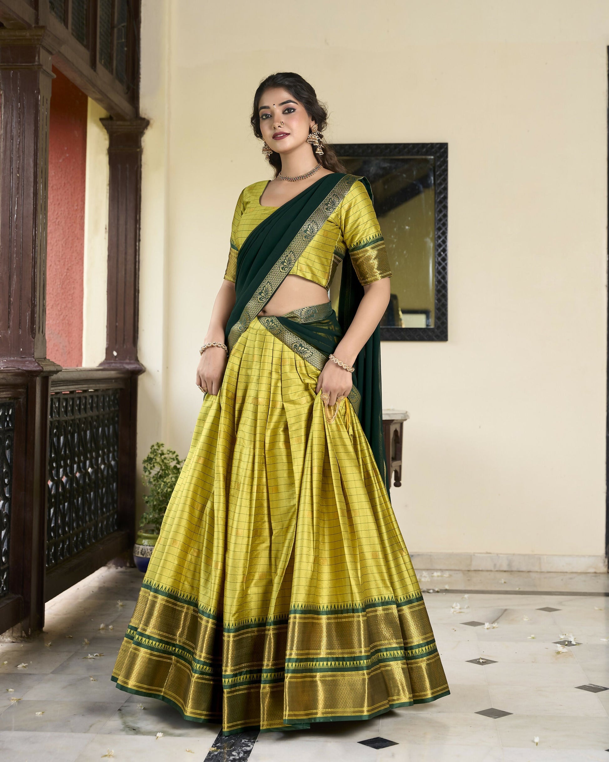 Lorenvalley Parrotgreen Cotton Silk Weaving Work With Paithani Concept Lehenga Choli 