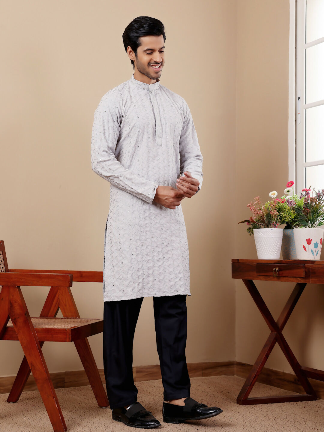 Light Blue Linen Designer Embroidery Work Men's Rajwadi Kurta Set - Mahotsav