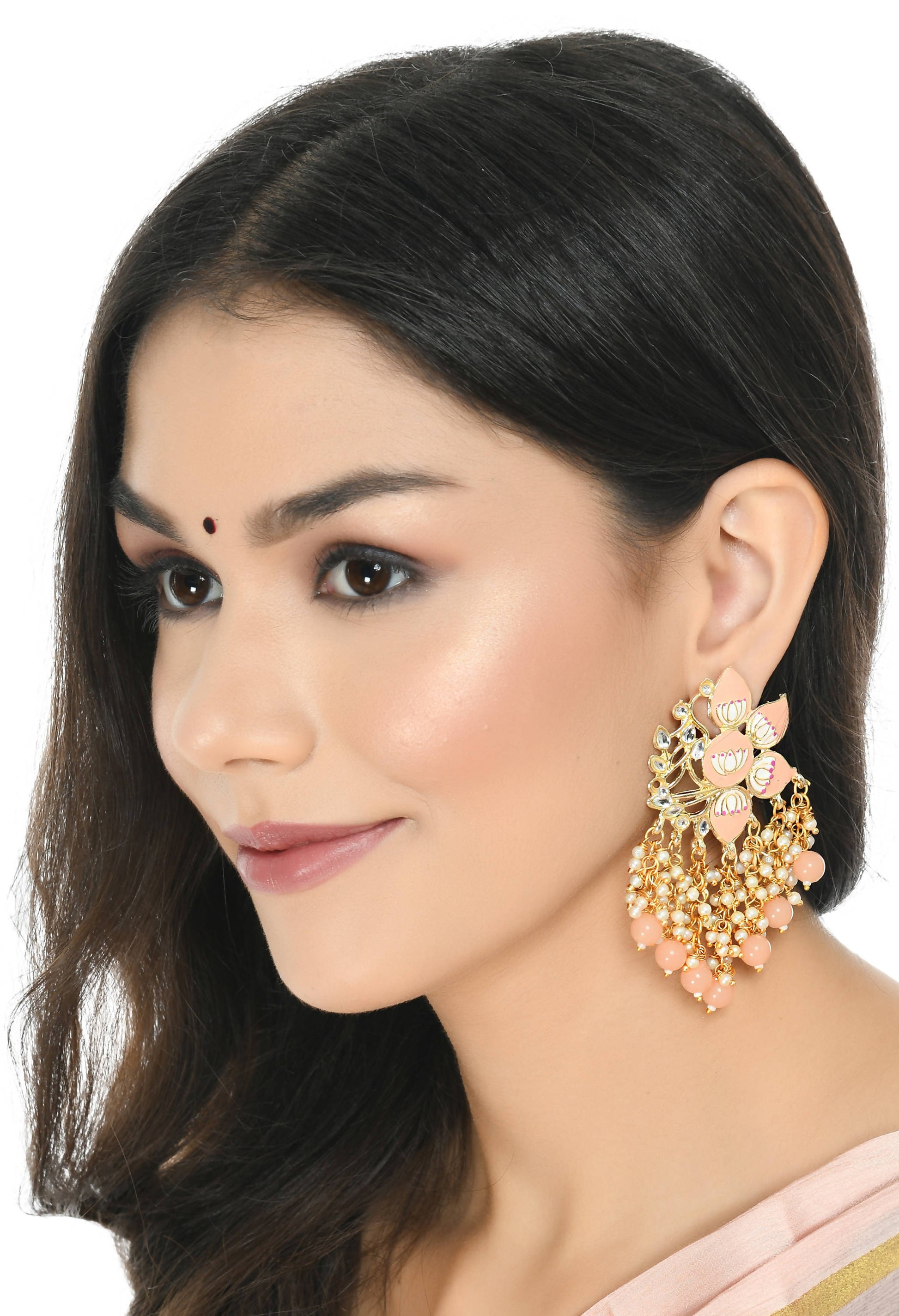 Mominos Fashion Johar Kamal Gold-Plated Kundan Peach Meenakari Earrings - Grab2buy
