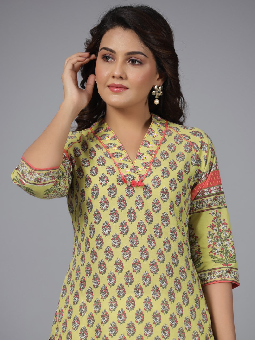Juniper Women's Women Lime Green Ethnic Motif Printed High Low Cotton Kurta With Kaudis Tassels & Contract Piping