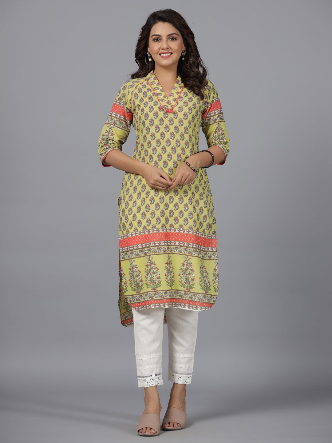 Juniper Women's Women Lime Green Ethnic Motif Printed High Low Cotton Kurta With Kaudis Tassels & Contract Piping