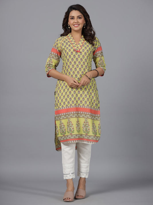 Juniper Women's Women Lime Green Ethnic Motif Printed High Low Cotton Kurta With Kaudis Tassels & Contract Piping