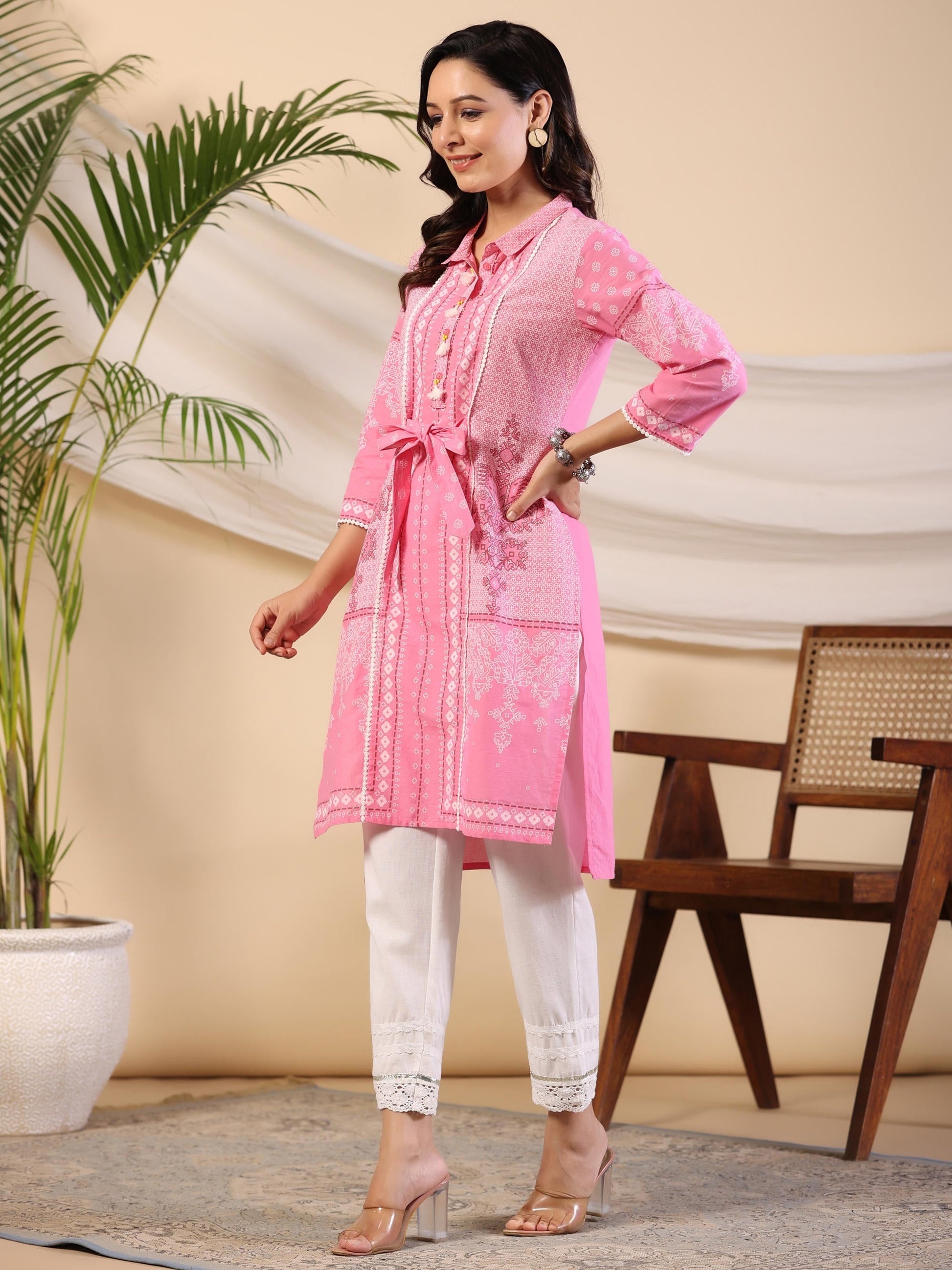 Juniper Women's The Dhara Tie-Up Pink Geometric Printed Cotton Fusion Kurta With Contest 3D Beadwork & Tassels