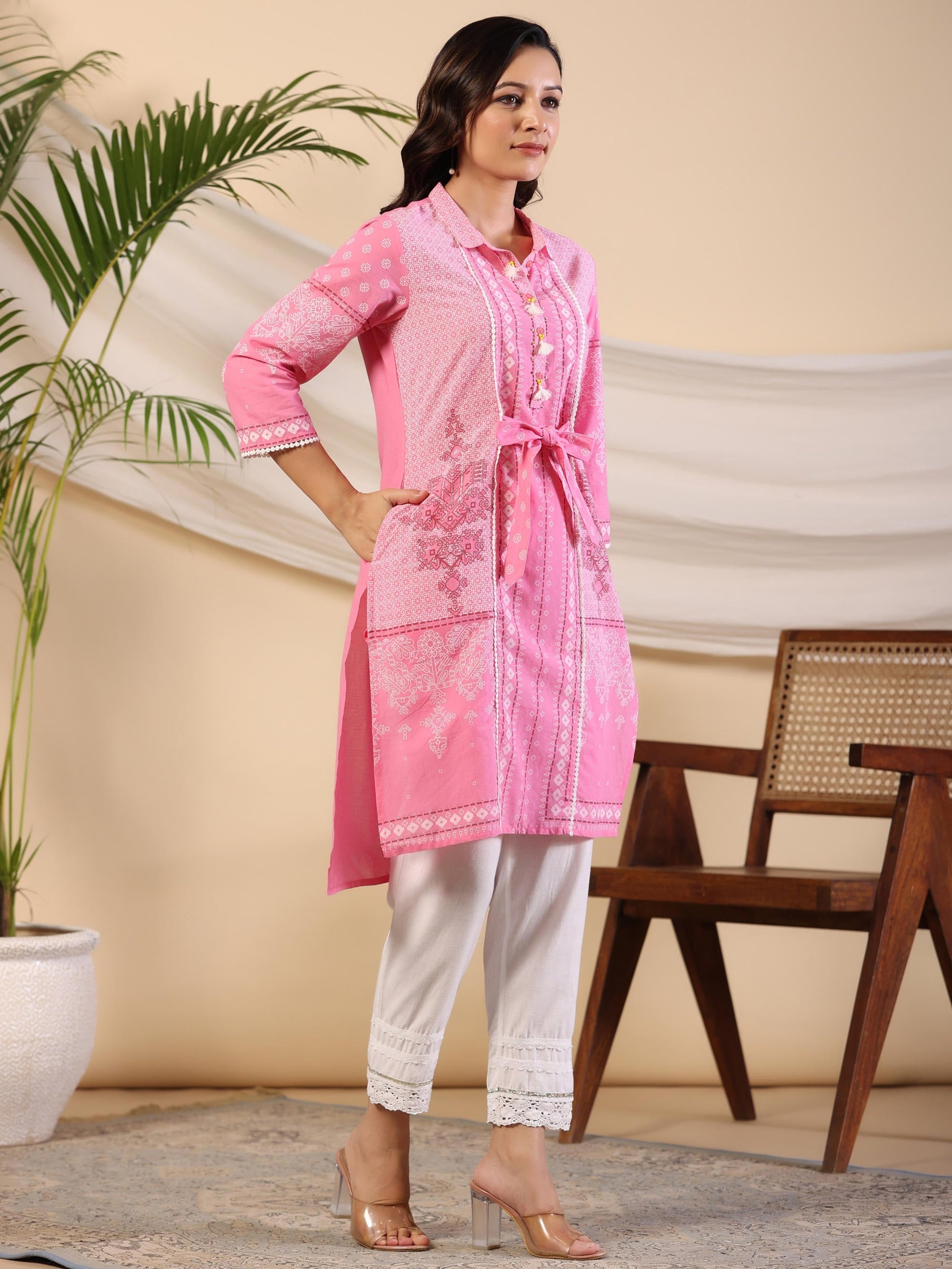 Juniper Women's The Dhara Tie-Up Pink Geometric Printed Cotton Fusion Kurta With Contest 3D Beadwork & Tassels