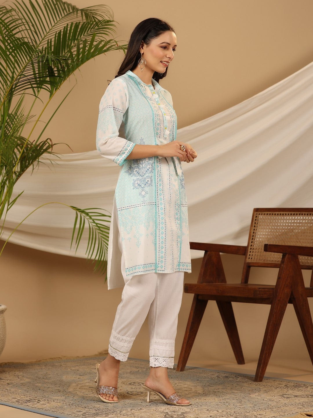Juniper Women's The Dhara Tie-Up Sky Blue Geometric Printed Cotton Fusion Kurta With Contest 3D Beadwork & Tassels