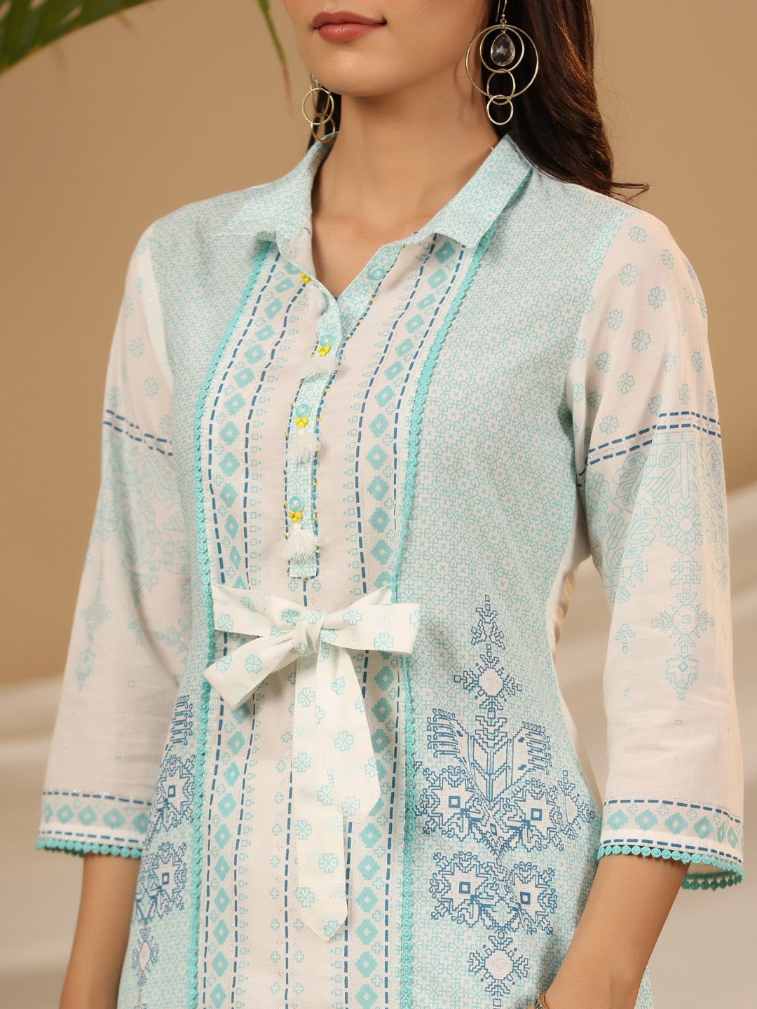 Juniper Women's The Dhara Tie-Up Sky Blue Geometric Printed Cotton Fusion Kurta With Contest 3D Beadwork & Tassels