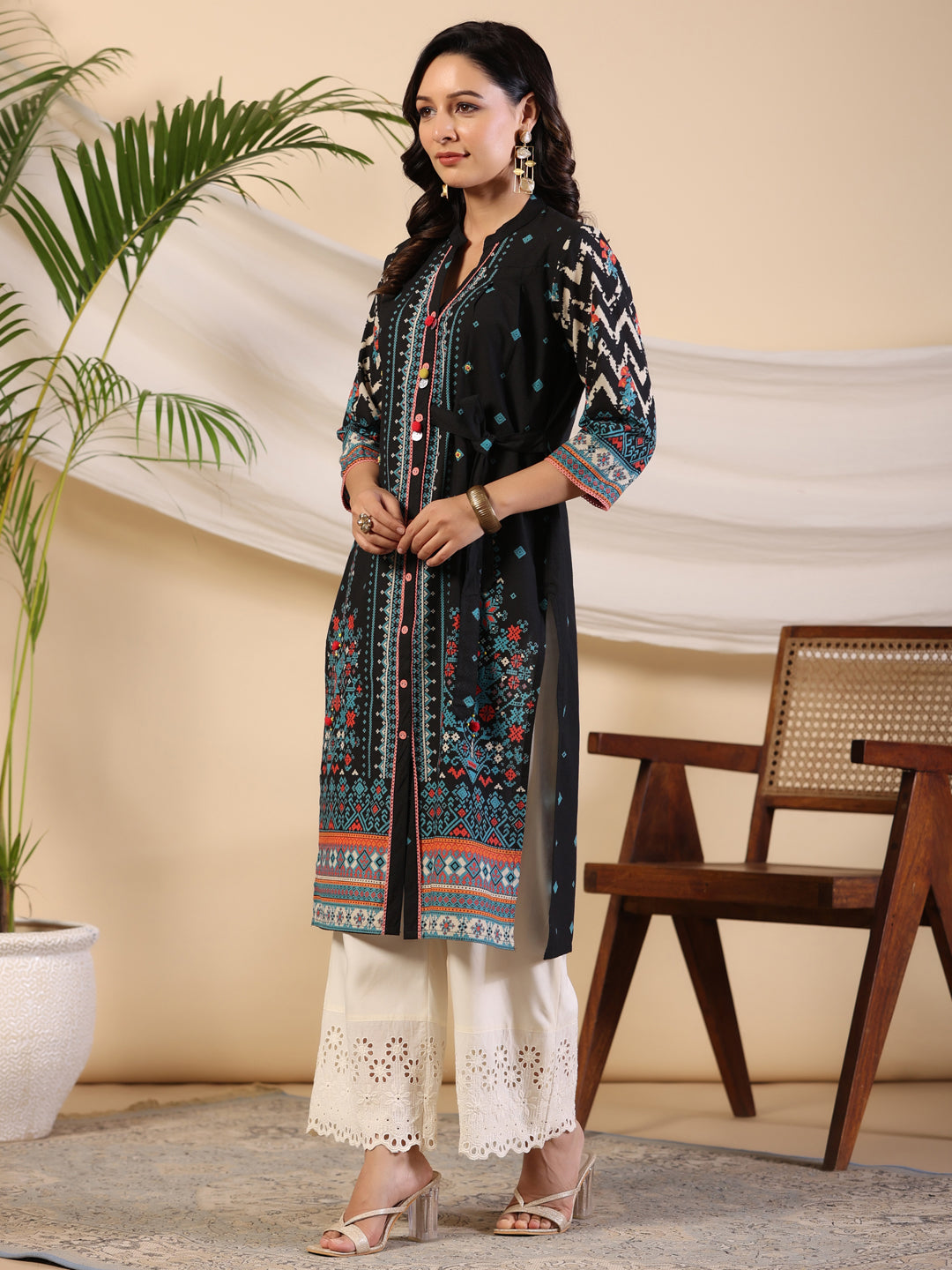 Juniper Black Geometric Printed Cotton Fusion Kurta With Contrast 3D Beadwork Side Tie-Ups & Coins
