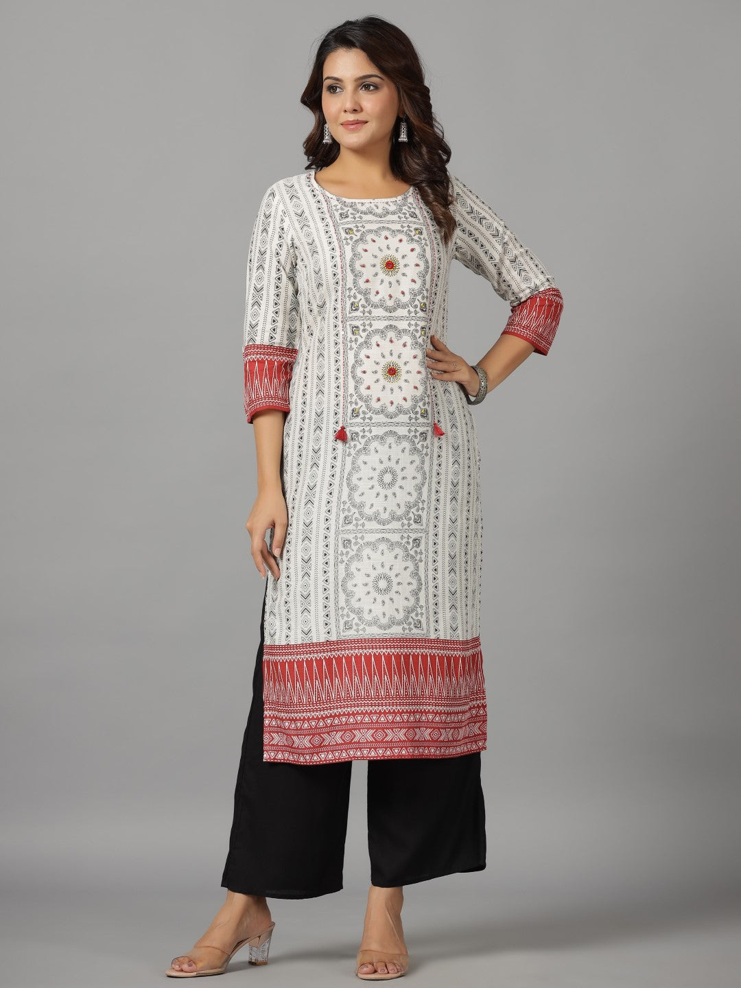 Juniper Women's White Ethnic Motif Printed Rayon Slub Kurta With Beads & Sequins | Grab2Buy