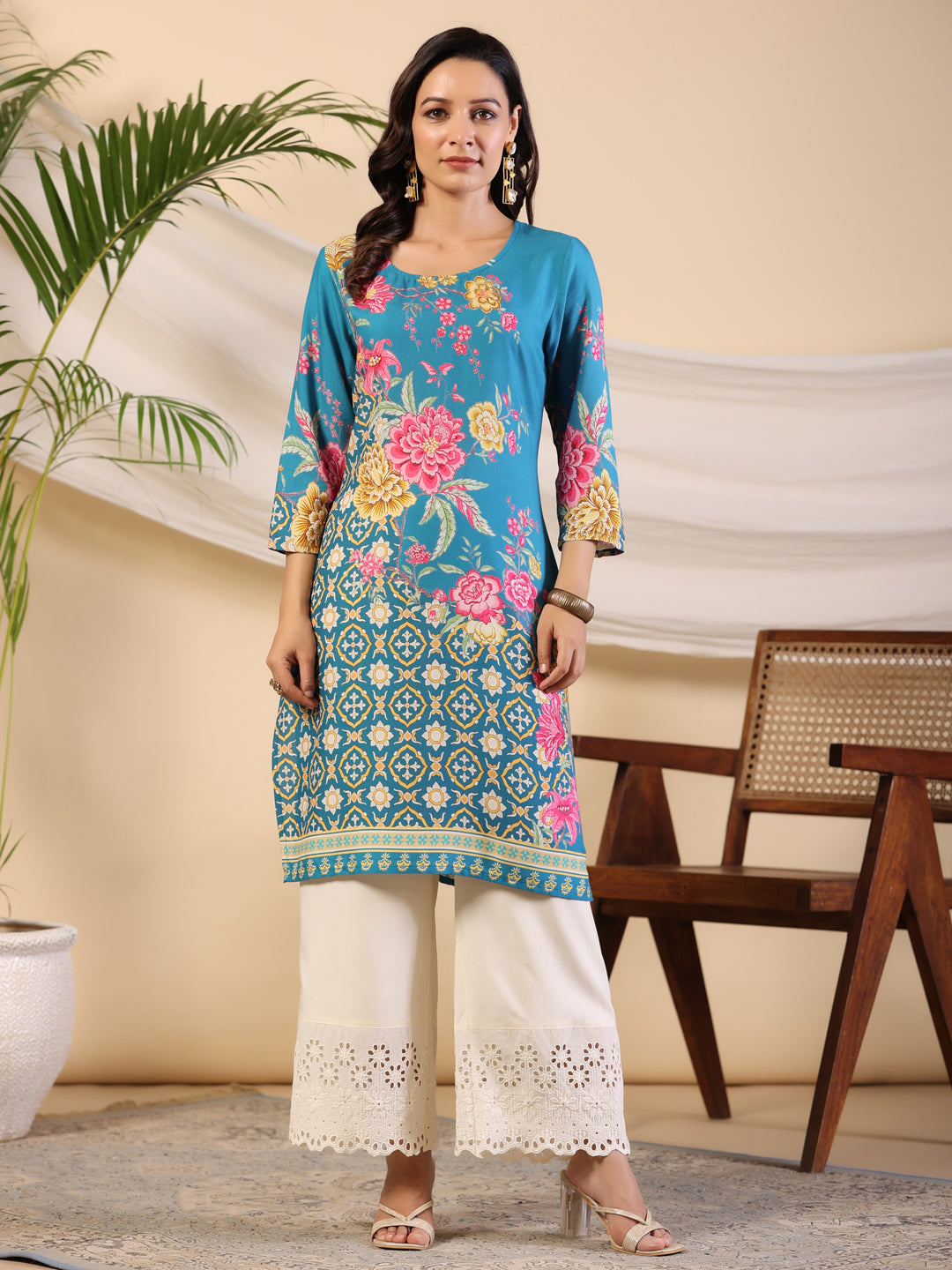 Juniper Women's Blue Rayon Floral Printed Straight Kurta | Grab2Buy