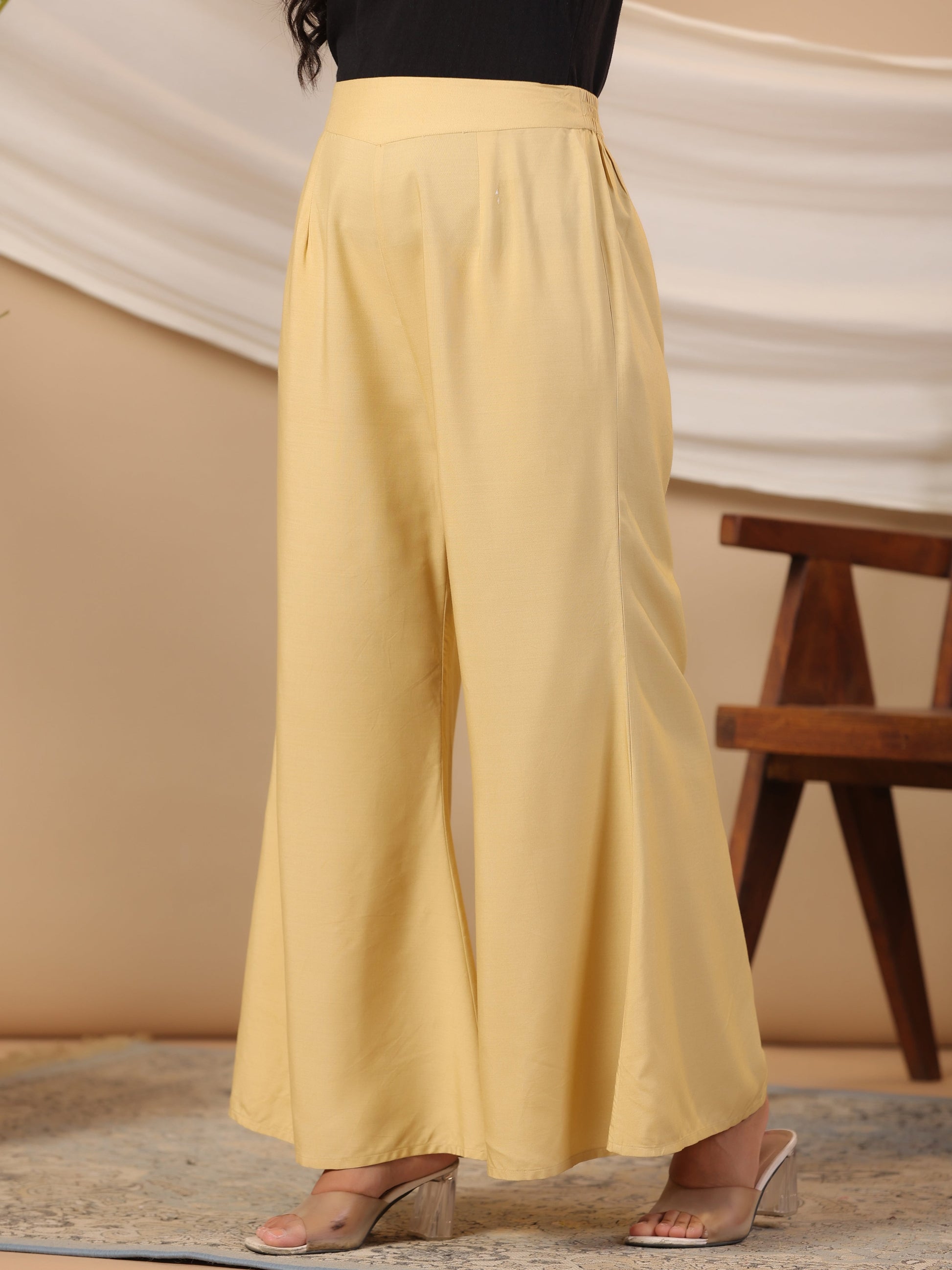 Juniper Beige Modal Rayon Women Partially Elasticated Bell Bottom Pants With Single Side Pocket