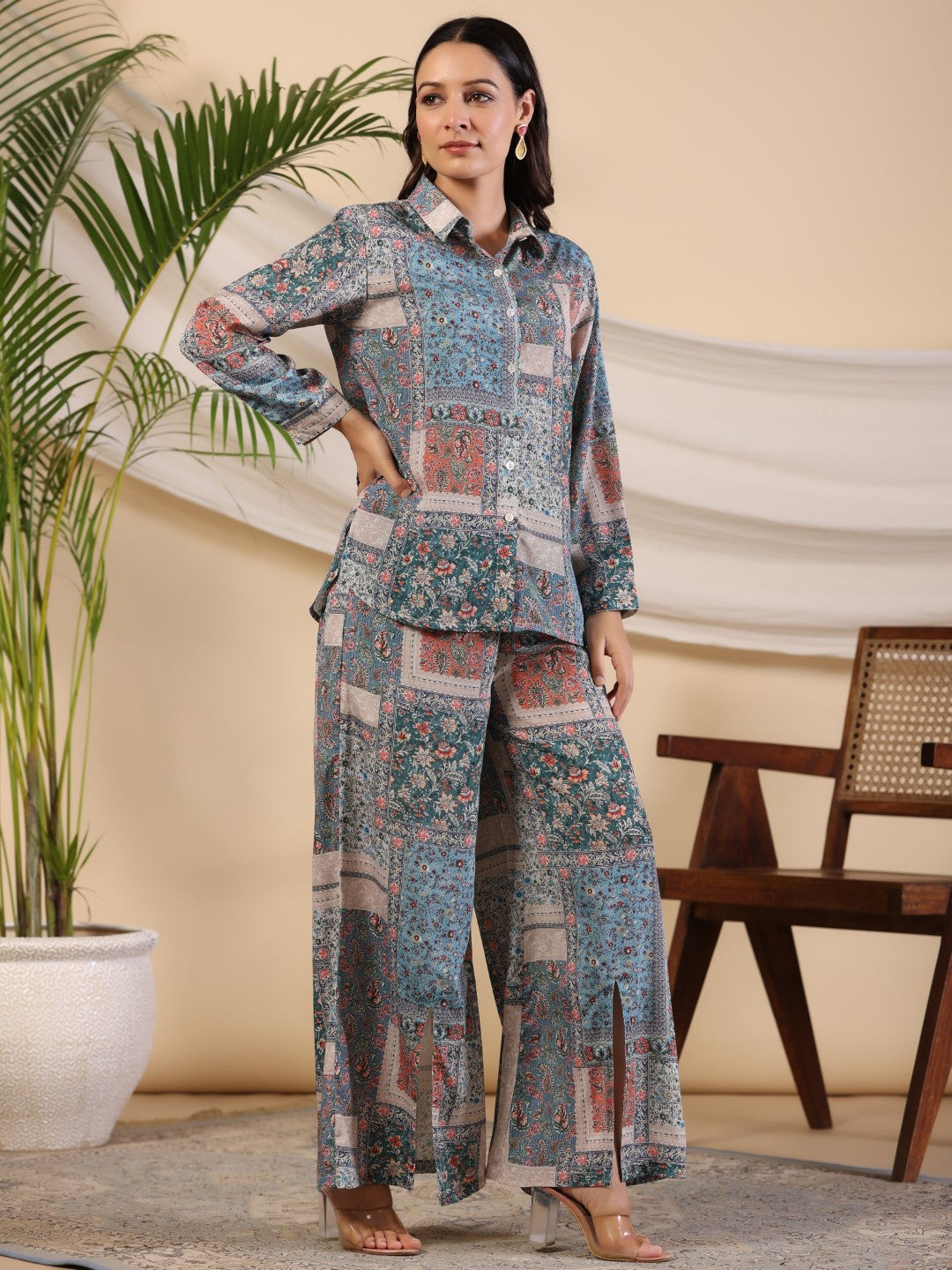 Juniper The Ornamental Blooms Women Silk Floral Printed Blue Shirt With Pants Co-Ord Set 