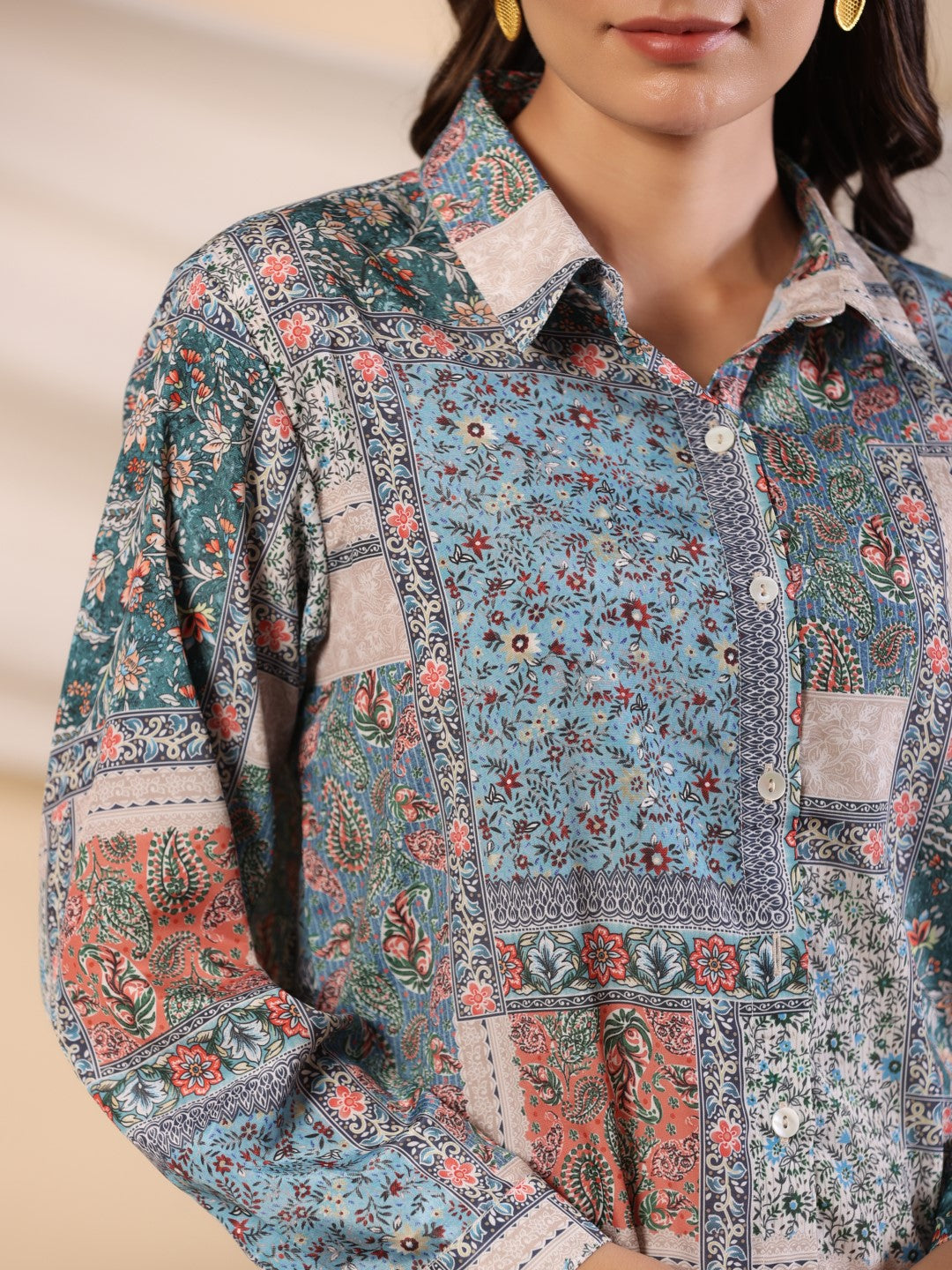 Juniper The Ornamental Blooms Women Silk Floral Printed Blue Shirt With Pants Co-Ord Set 