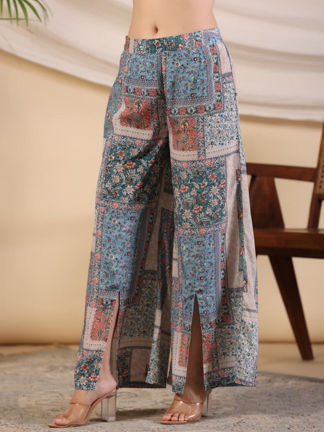 Juniper The Ornamental Blooms Women Silk Floral Printed Blue Shirt With Pants Co-Ord Set 