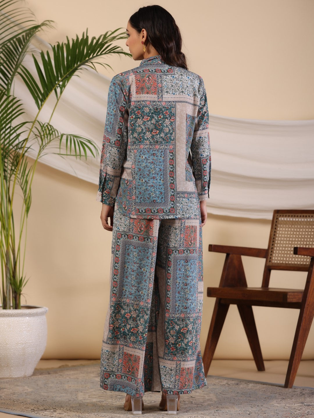 Juniper The Ornamental Blooms Women Silk Floral Printed Blue Shirt With Pants Co-Ord Set 