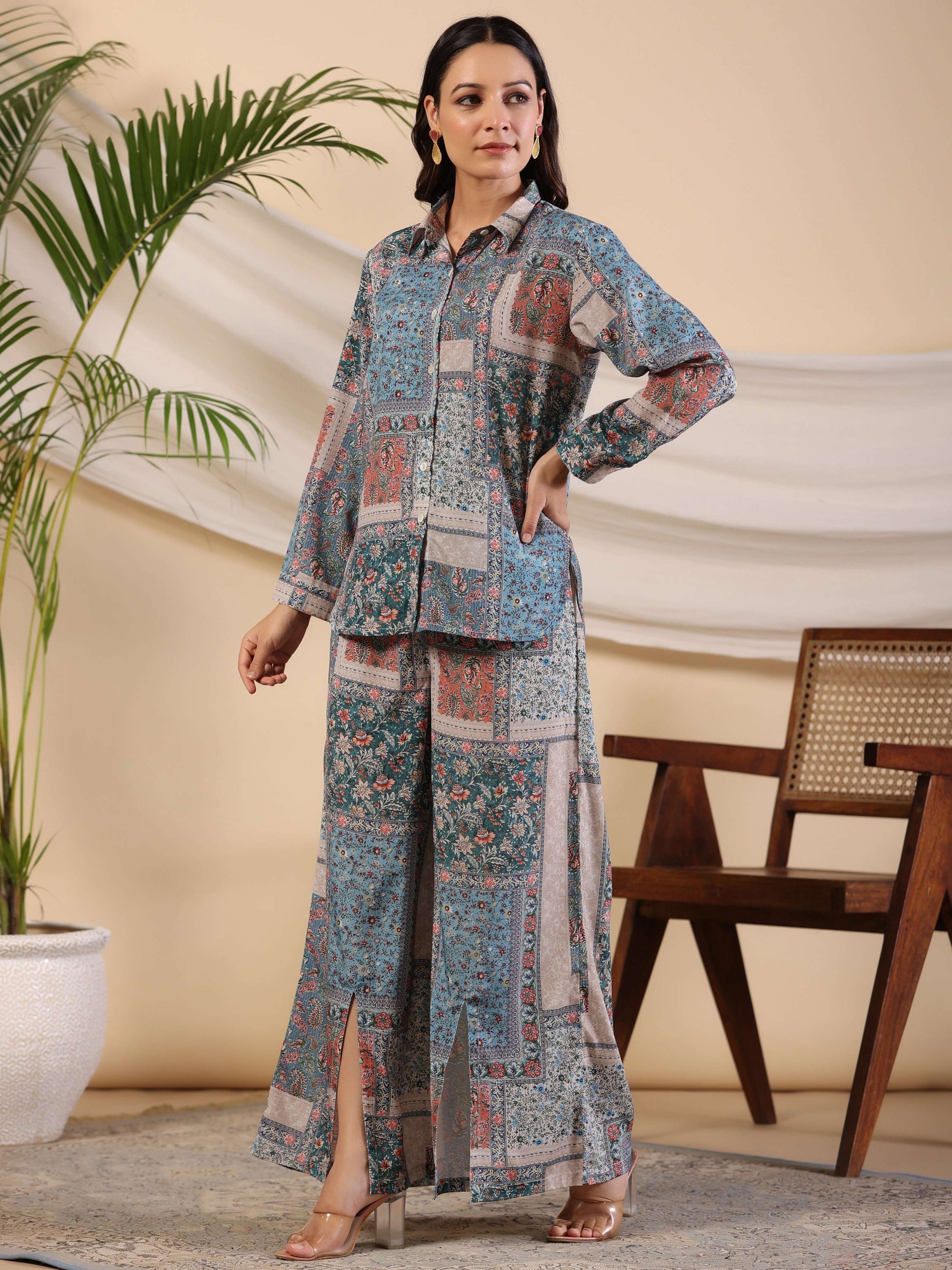 Juniper The Ornamental Blooms Women Silk Floral Printed Blue Shirt With Pants Co-Ord Set 