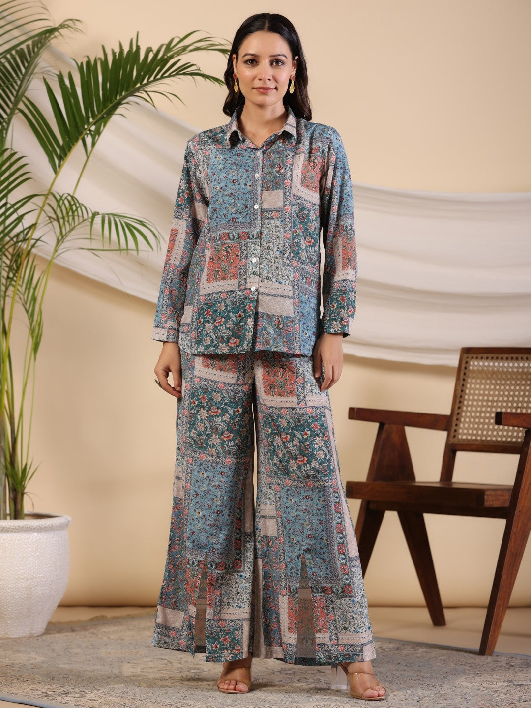 Juniper The Ornamental Blooms Women Silk Floral Printed Blue Shirt With Pants Co-Ord Set 