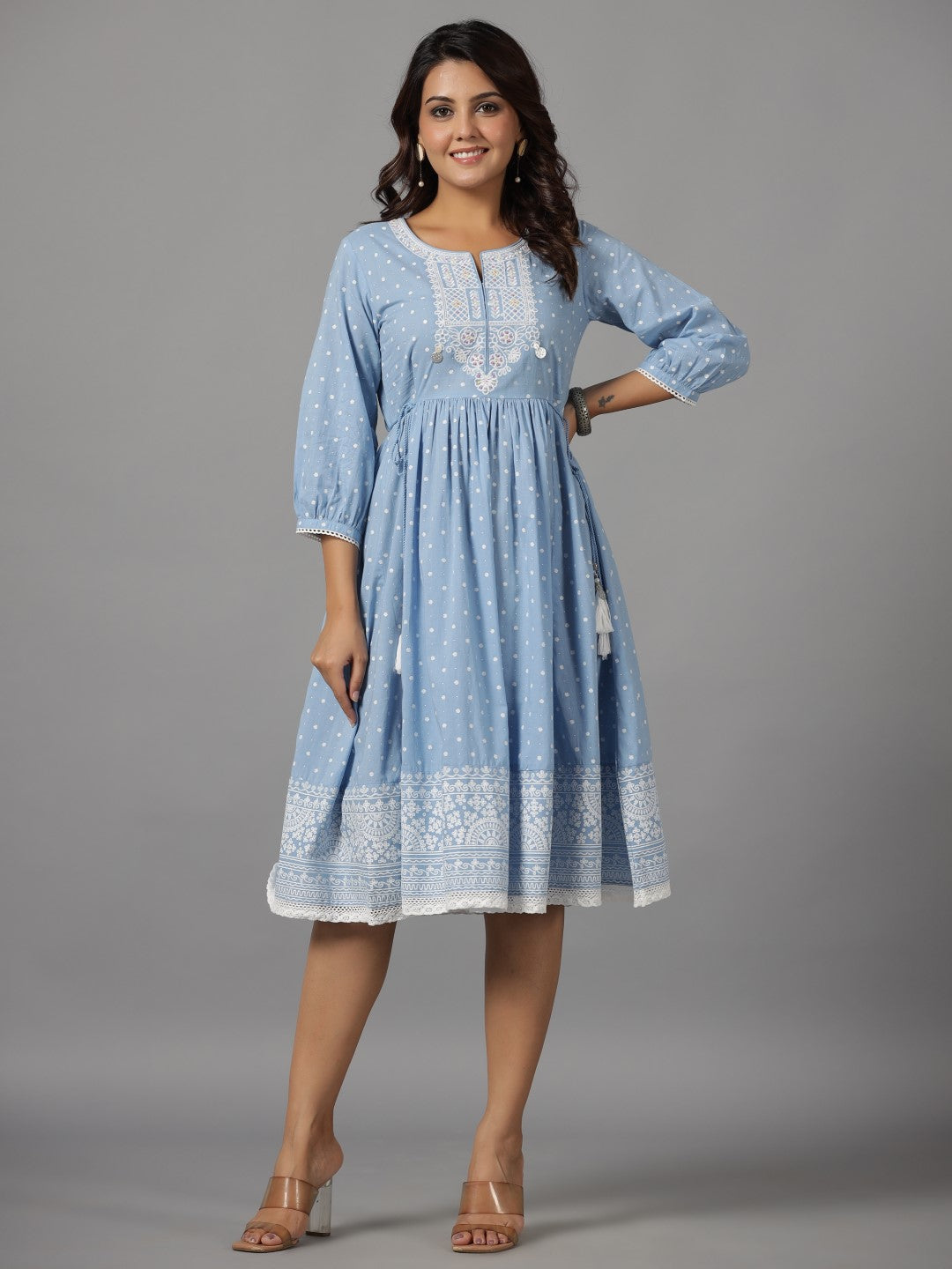 Juniper Women's Sky Blue Ethnic Motif Printed Pure Cotton Dress With Beads & Sequins Work