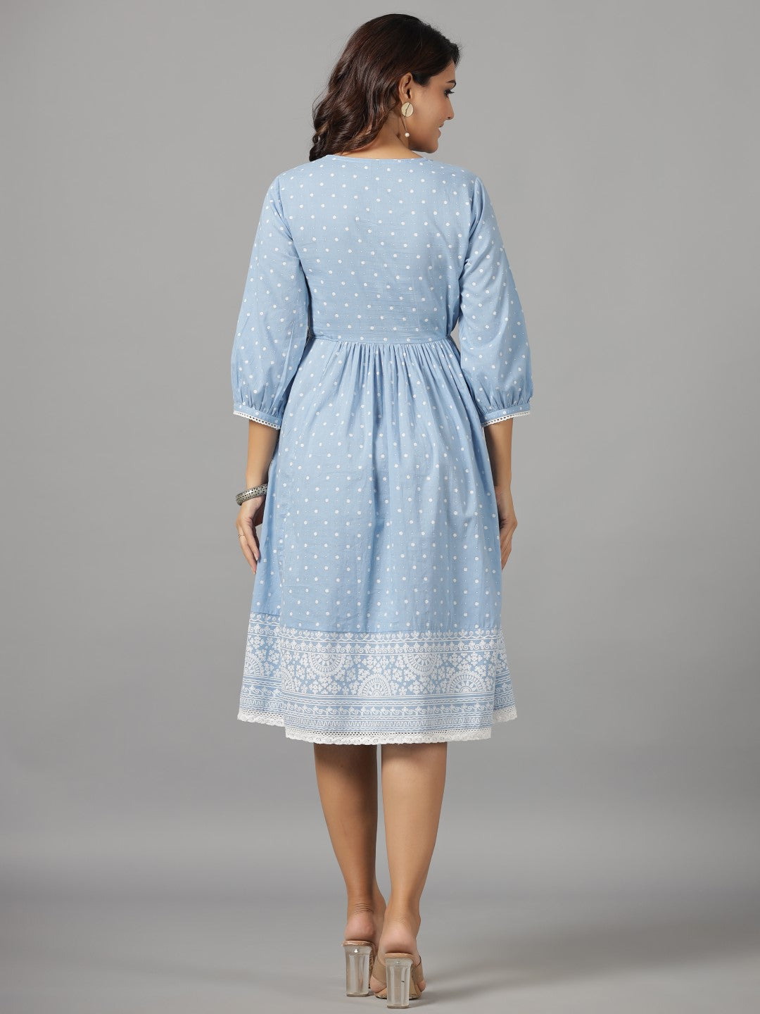 Juniper Women's Sky Blue Ethnic Motif Printed Pure Cotton Dress With Beads & Sequins Work